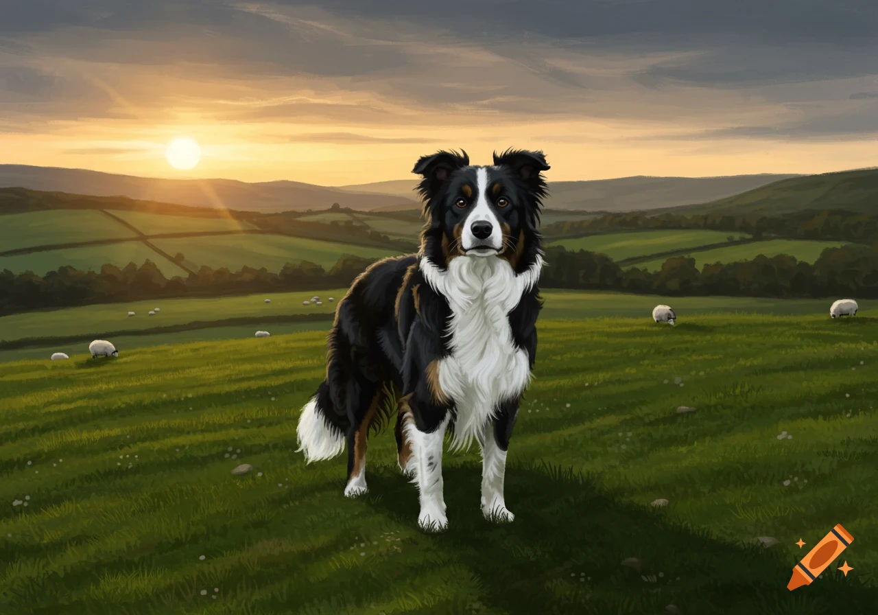 A black, white, and brown Border Collie stands in a green, hilly field with sheep at sunset, digital painting.