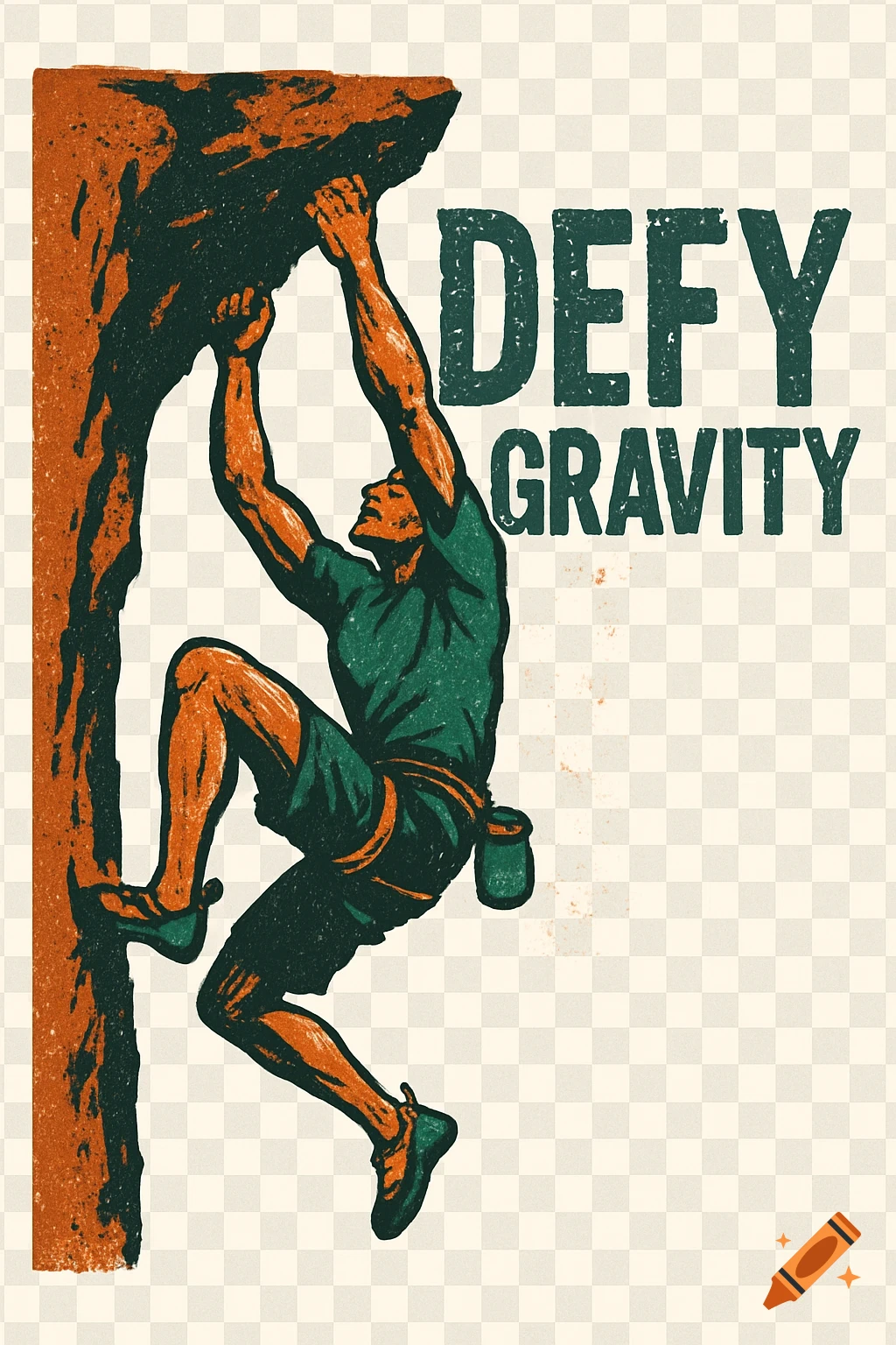 A stylized graphic illustration of a person rock climbing a brown cliff, with the text 'DEFY GRAVITY' next to them.