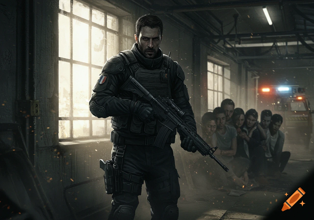 A grim French special forces soldier holds a rifle in a dim industrial building, with hostages and a police vehicle in the background. Digital art.