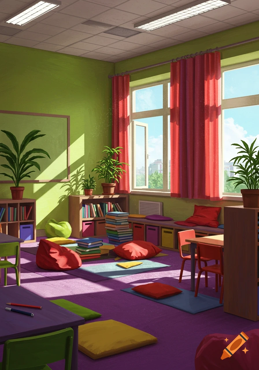A vibrant and cozy classroom filled with colorful bean bags, cushions, books, and plants, bathed in sunlight.