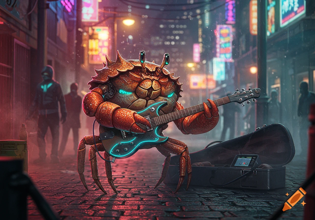 A stylized, armored crab with glowing blue eyes plays an electric guitar on a neon-lit, rainy cyberpunk street.