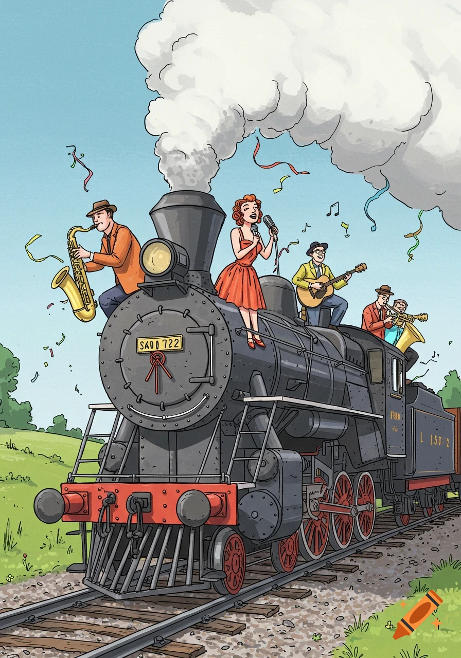 A cartoon illustration of a lively jazz band performing on a moving steam locomotive, with confetti in the air.