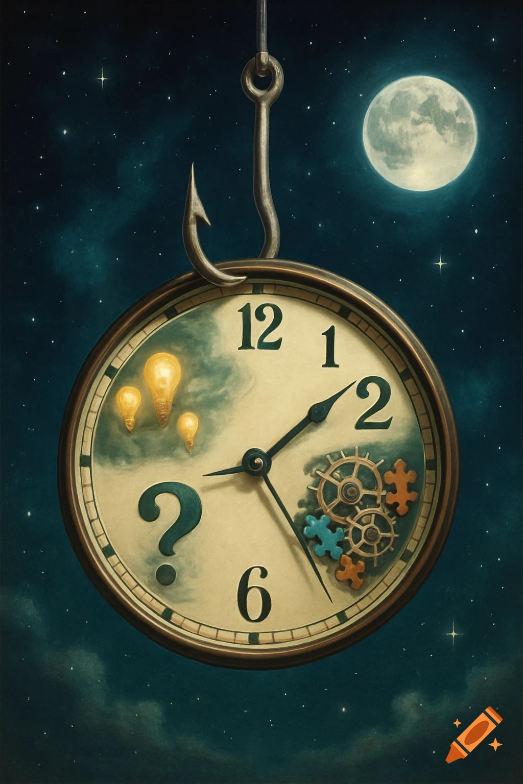 A clock with a question mark, lightbulbs, and gears inside, hanging from a fishing hook against a starry night sky with a full moon. Stylized painting.