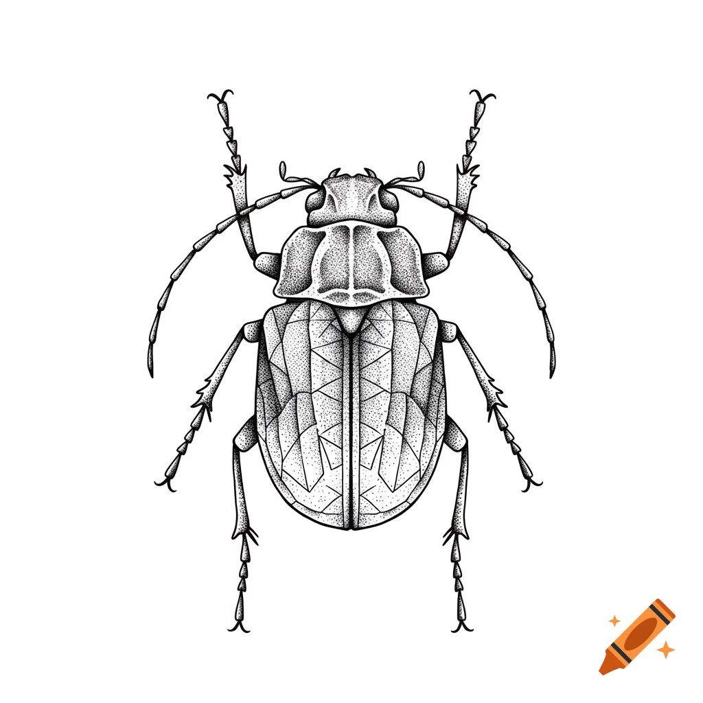 Black and white dotwork illustration of a beetle for a tattoo stencil on a white background.
