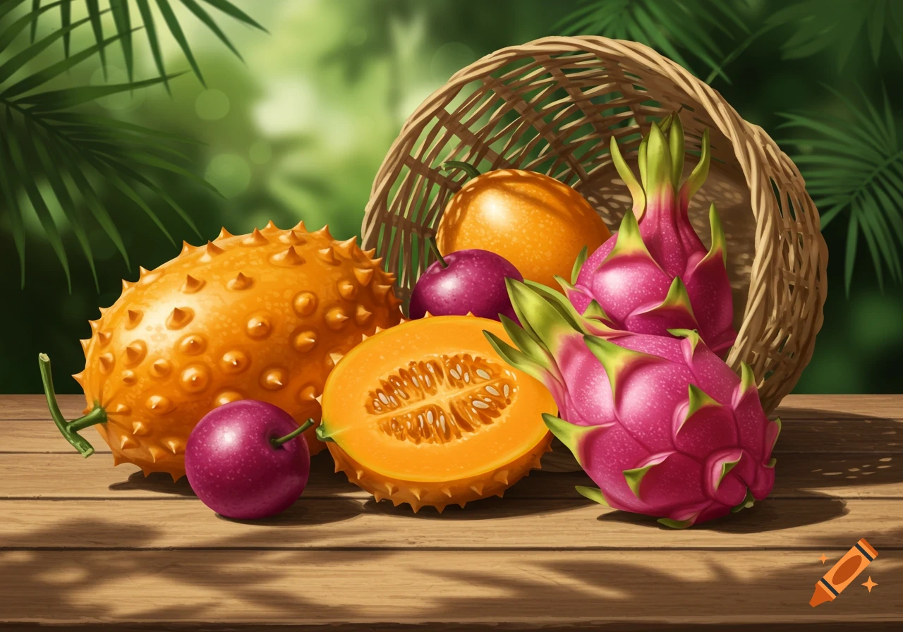 Vibrant illustration of exotic fruits like horned melons, dragon fruit, and passion fruit on a wooden table with a basket and foliage.