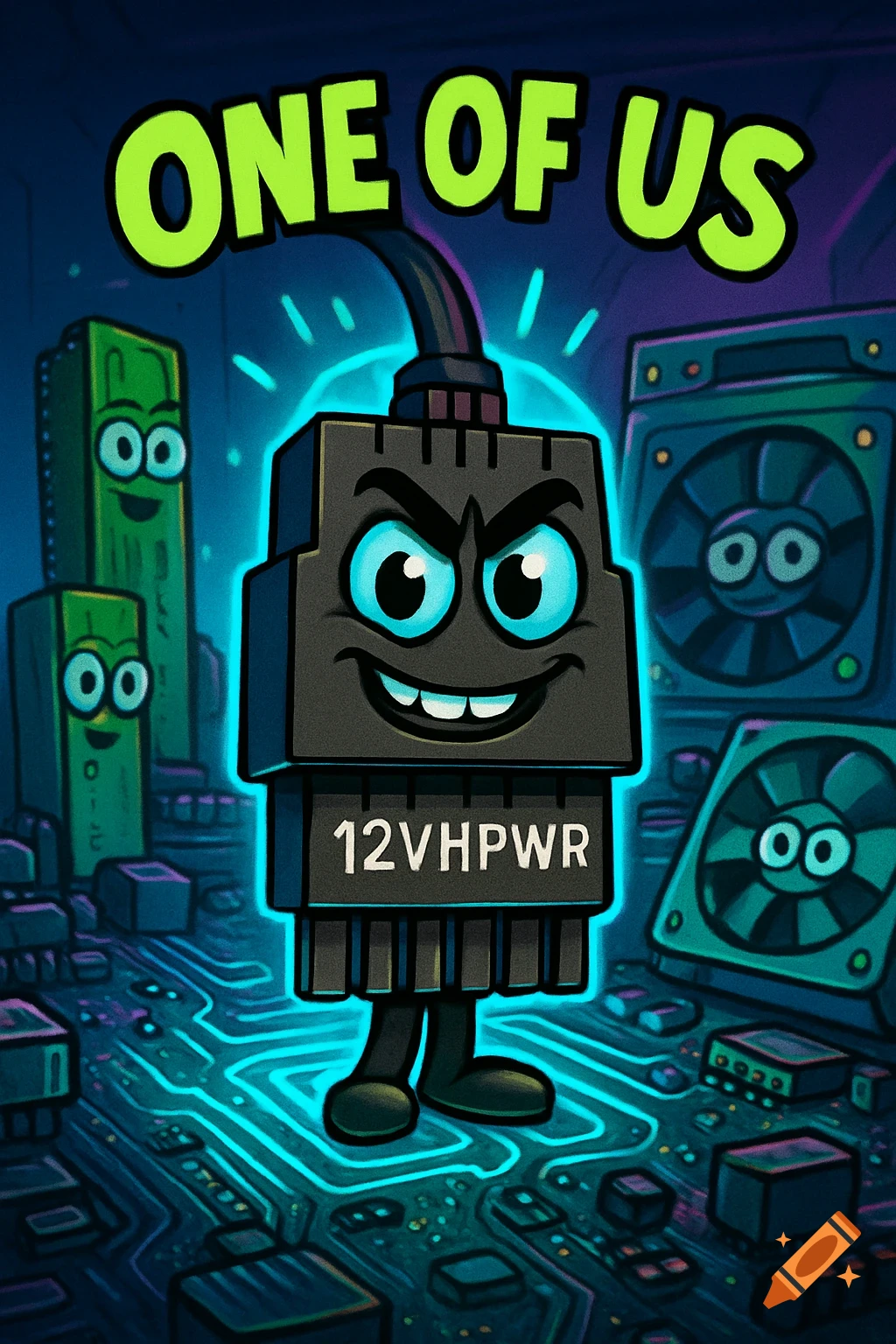 Cartoon 12VHPWR cable with a mischievous smile on a circuit board, glowing blue. Other computer parts with faces are in the background. Text 'ONE OF US' is at the top.