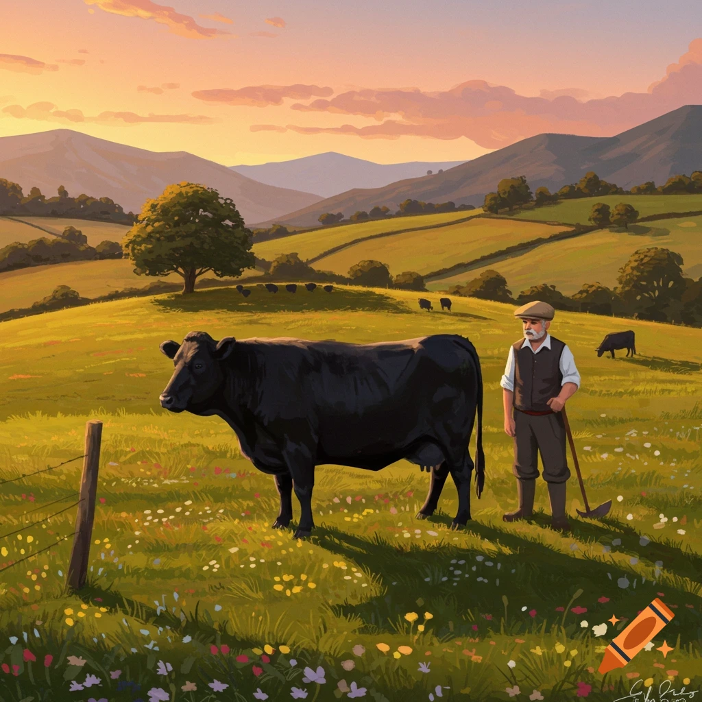 Illustrative painting of a farmer with a black cow in a vibrant, flower-filled green pasture, mountains under a sunset sky.