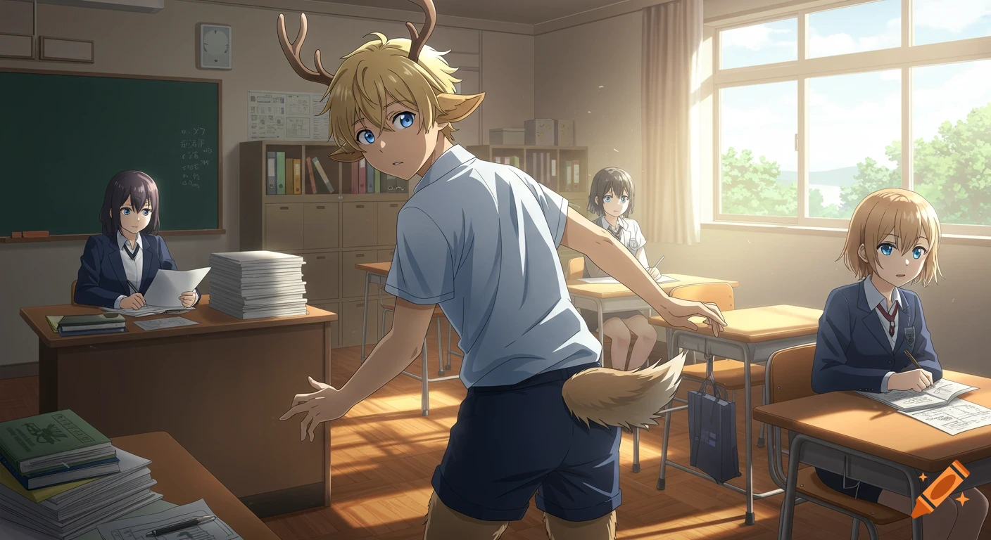 Anime of a blonde satyr boy with antlers and tail turning in a bright classroom with students and a teacher.