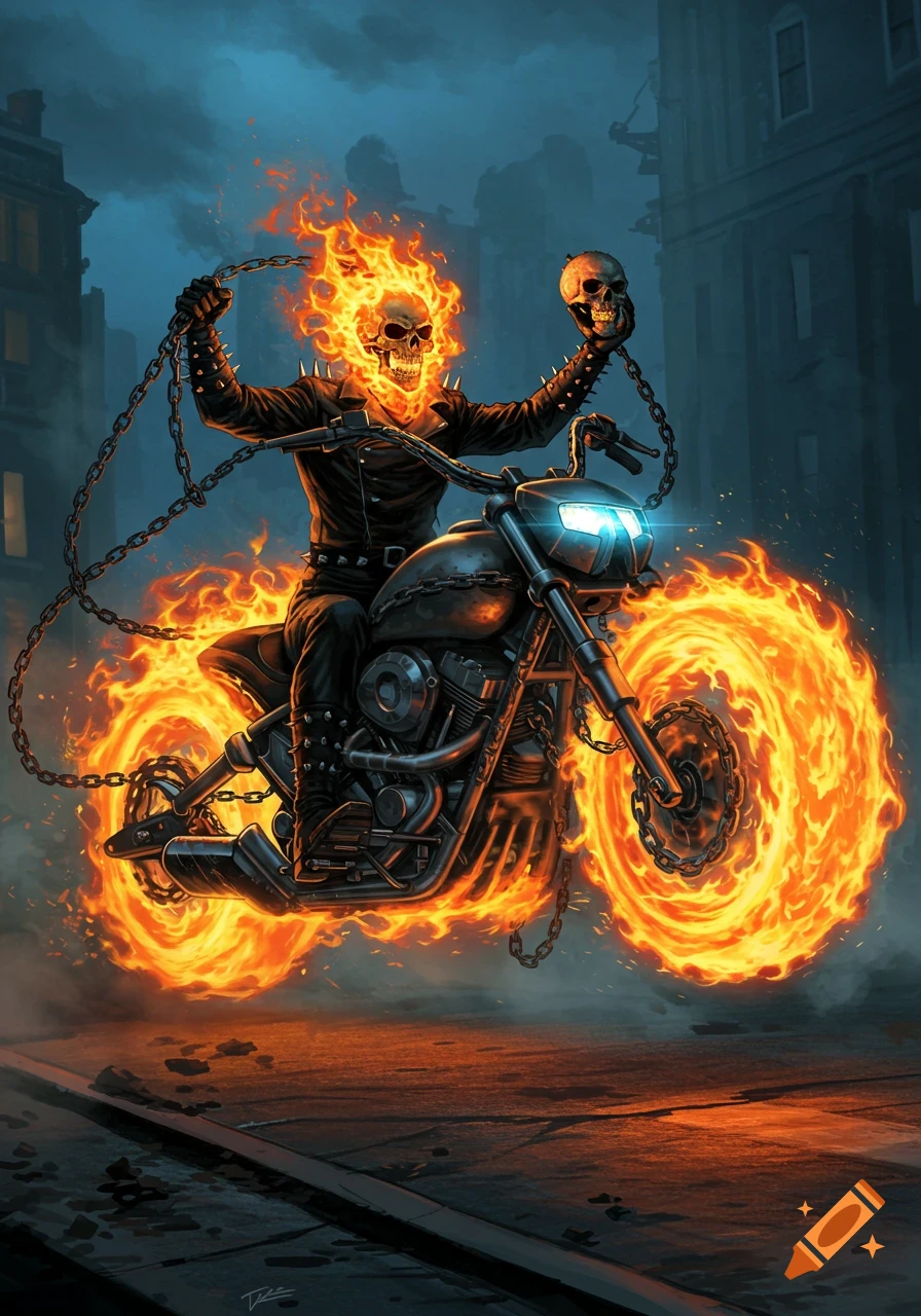Ghost Rider, a flaming skeleton on a motorcycle, hovers above a dark street, holding chains and a skull.