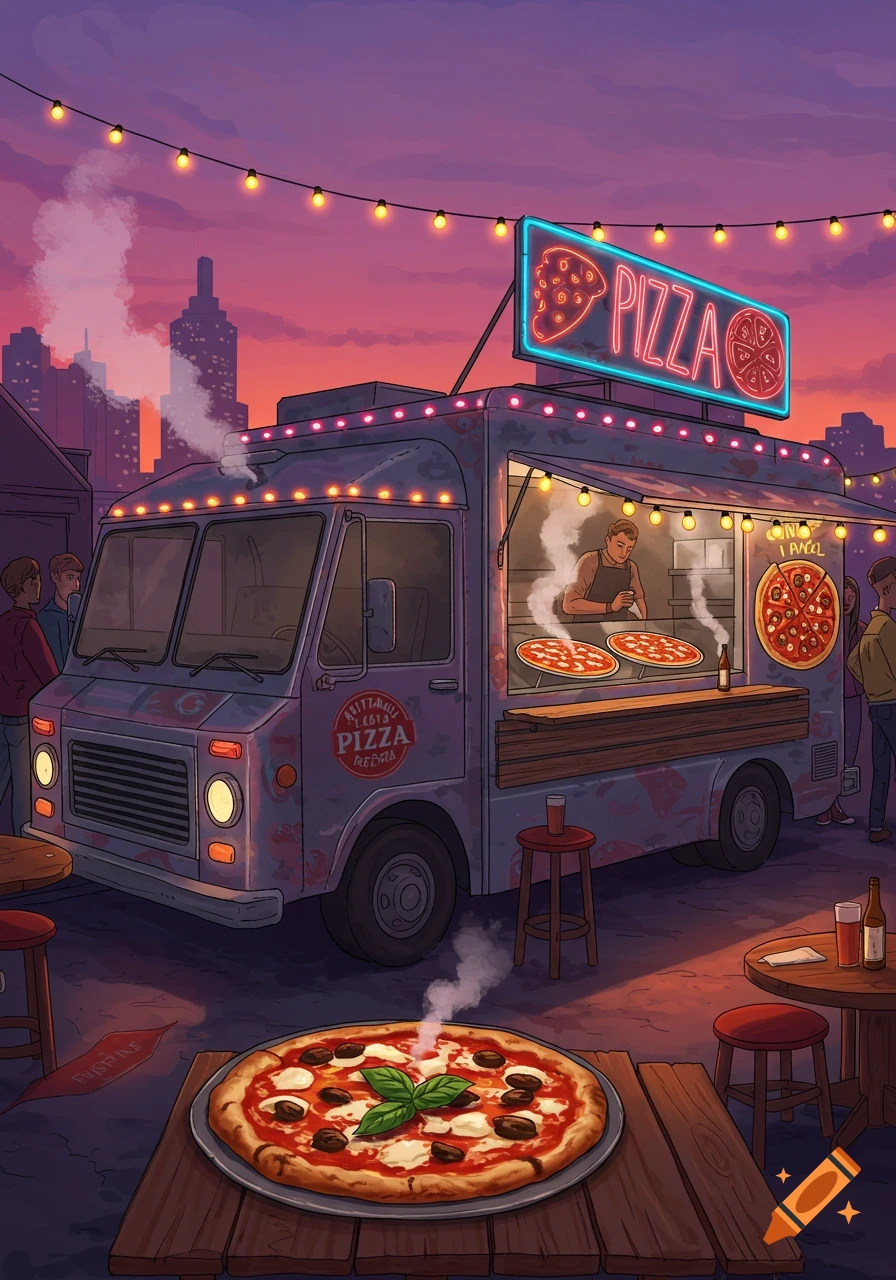 An illustration of a pizza food truck parked on a street at dusk, with glowing neon signs and string lights. People are ordering pizza from the truck, while a freshly baked pizza sits on a wooden table in the foreground.