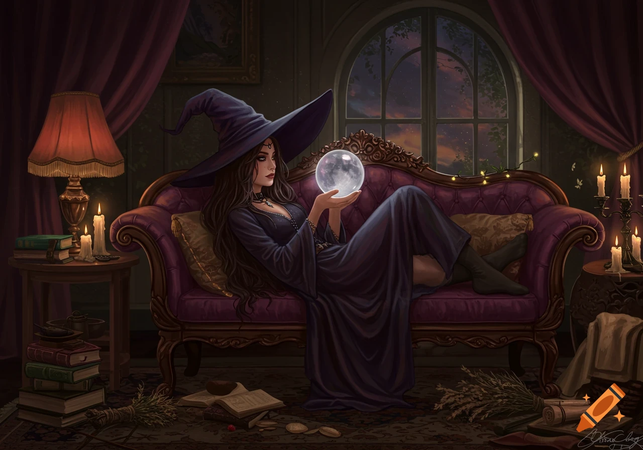 A witch in a dark gown reclines on a purple couch, holding a glowing crystal ball in a dimly lit, richly decorated room.