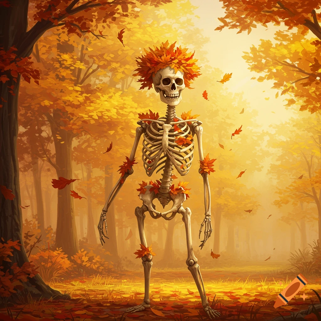 A whimsical skeleton adorned with vibrant orange and red fall leaves stands in a sunlit autumn forest, digital art.