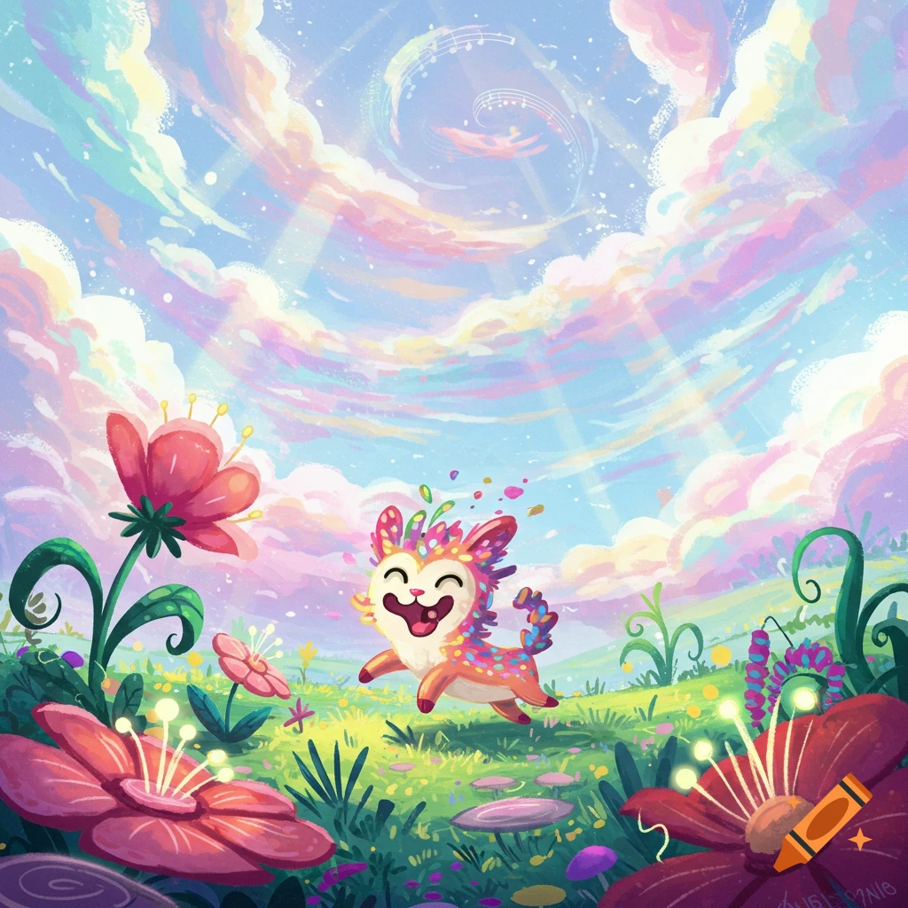 A cheerful, colorful spotted fantasy creature skips through a whimsical field of large flowers under a pastel sky, vibrant illustration.