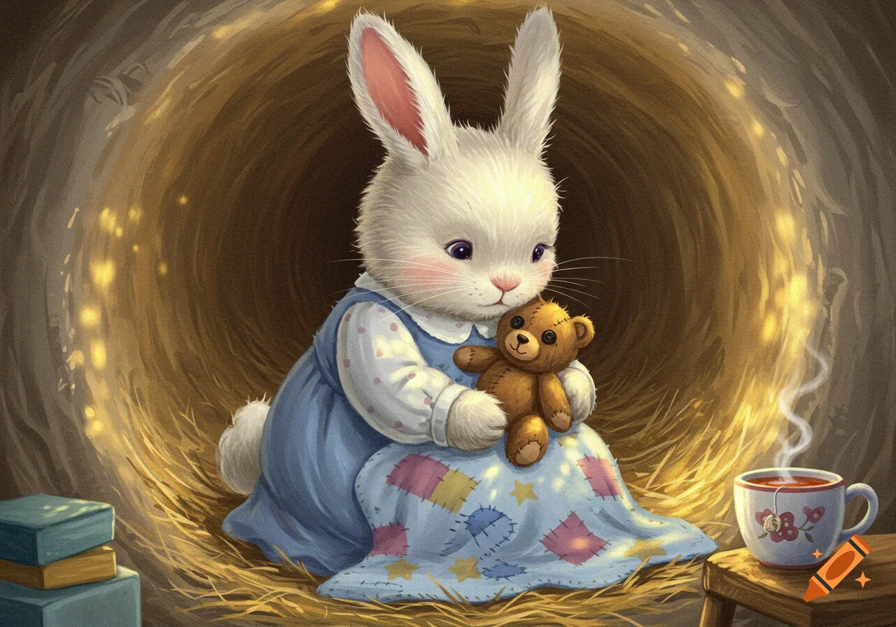 Cute white bunny in a blue dress sits in a cozy burrow, holding a teddy bear under a patchwork blanket, with tea and books nearby.