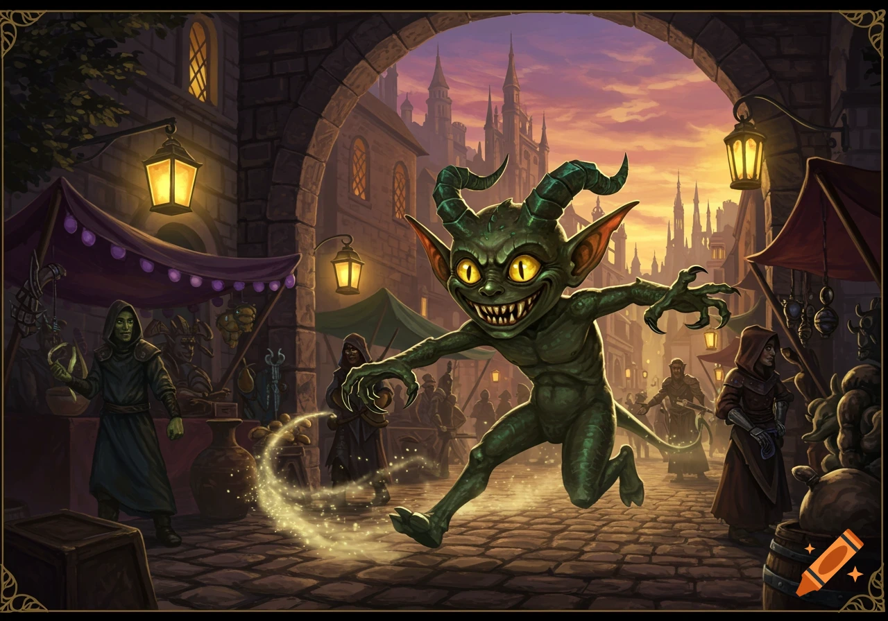 A mischievous green imp with horns and glowing yellow eyes grins while running through a bustling fantasy city street at dusk, with vendors and archways.