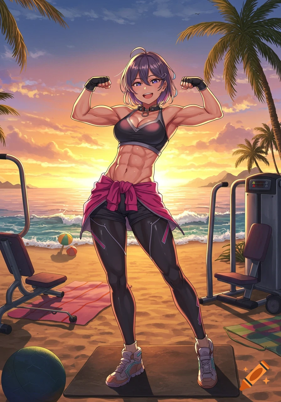 Muscular anime woman flexing her biceps on a tropical beach with gym equipment at sunset, digital art.