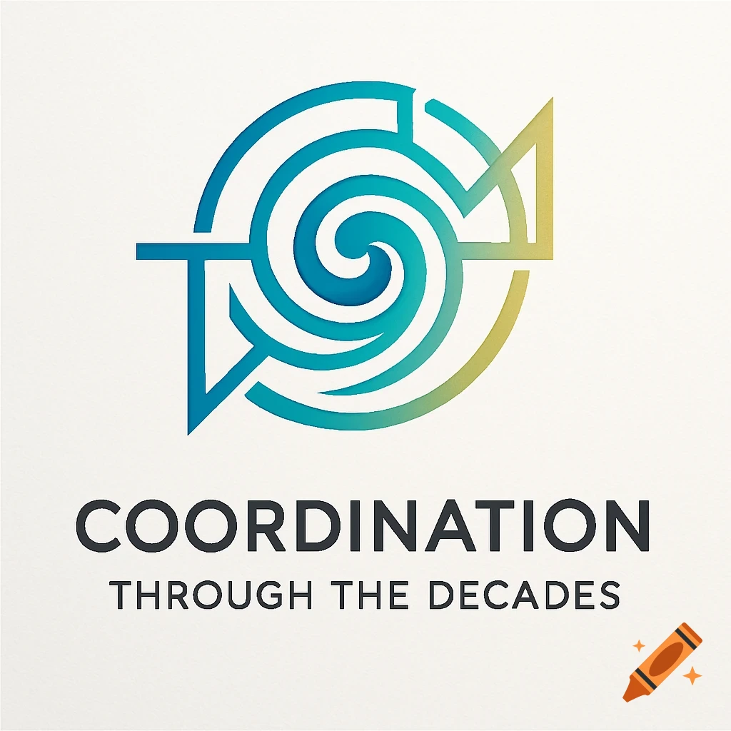 Abstract logo with a blue-green to yellow gradient symbol above the text 'COORDINATION THROUGH THE DECADES'.