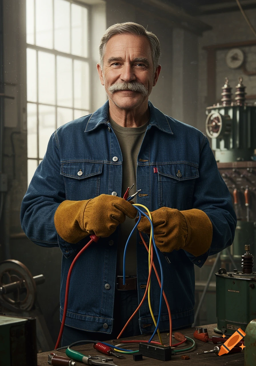 Photorealistic portrait of a smiling senior electrician with a mustache, wearing gloves and a denim jacket, holding colored wires in a workshop.