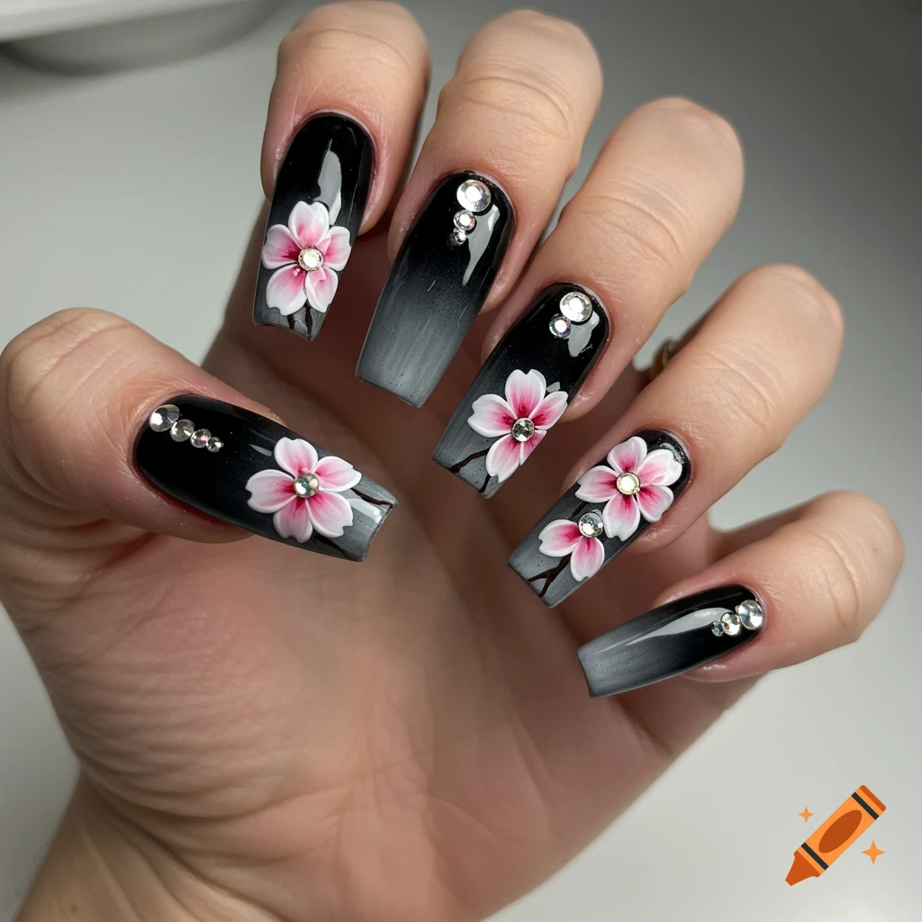 Close-up of a hand with long, coffin-shaped black to gray ombre acrylic nails, adorned with pink sakura blossoms and rhinestones.