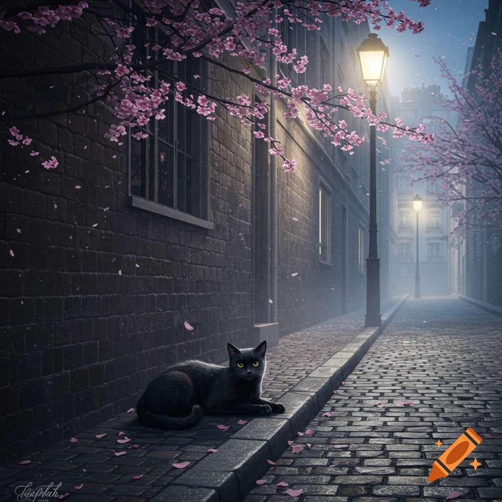 A black cat lies on a cobblestone street at night, illuminated by a streetlight, with pink cherry blossoms overhead and falling petals.