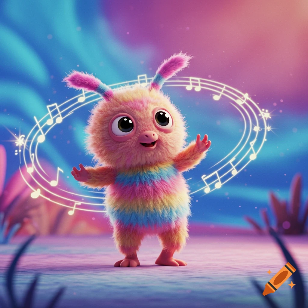 A cute, fluffy, rainbow-striped creature with big eyes stands in a dreamy landscape surrounded by glowing musical notes, 3D animation style.