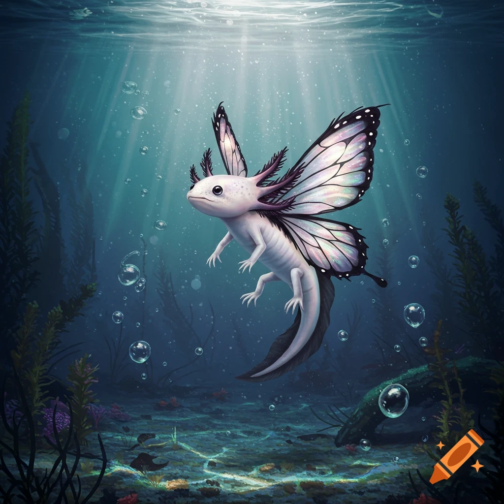 A white axolotl with delicate butterfly wings swims gracefully in a vibrant, sunlit underwater scene.