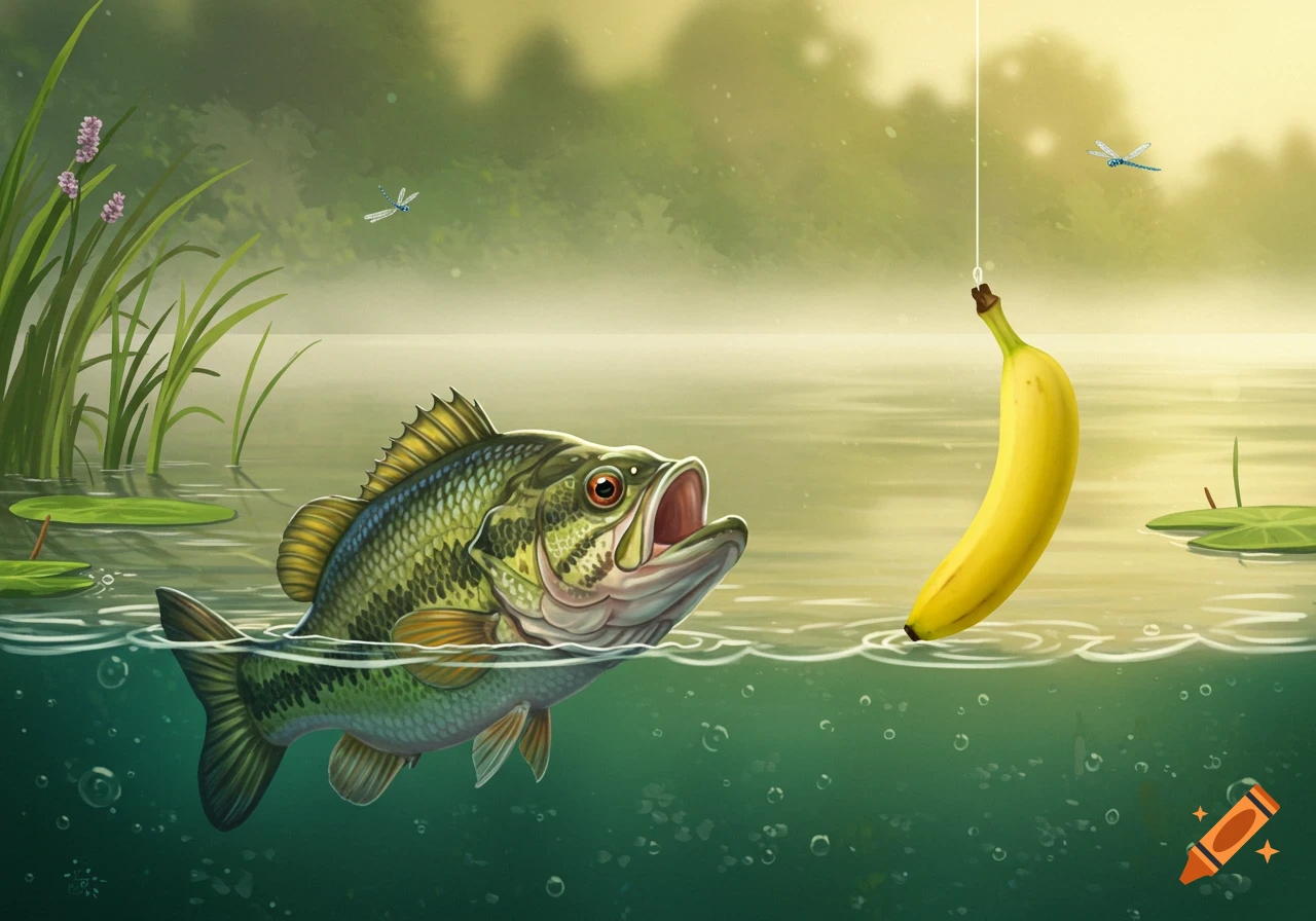 A cartoon bass fish jumps out of the water to try and eat a banana dangling from a fishing line in a pond.