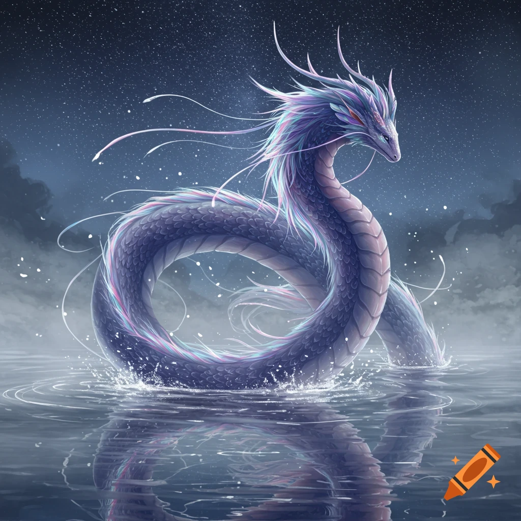 A majestic iridescent dragon emerges from dark water under a starry night sky in a fantasy art style.