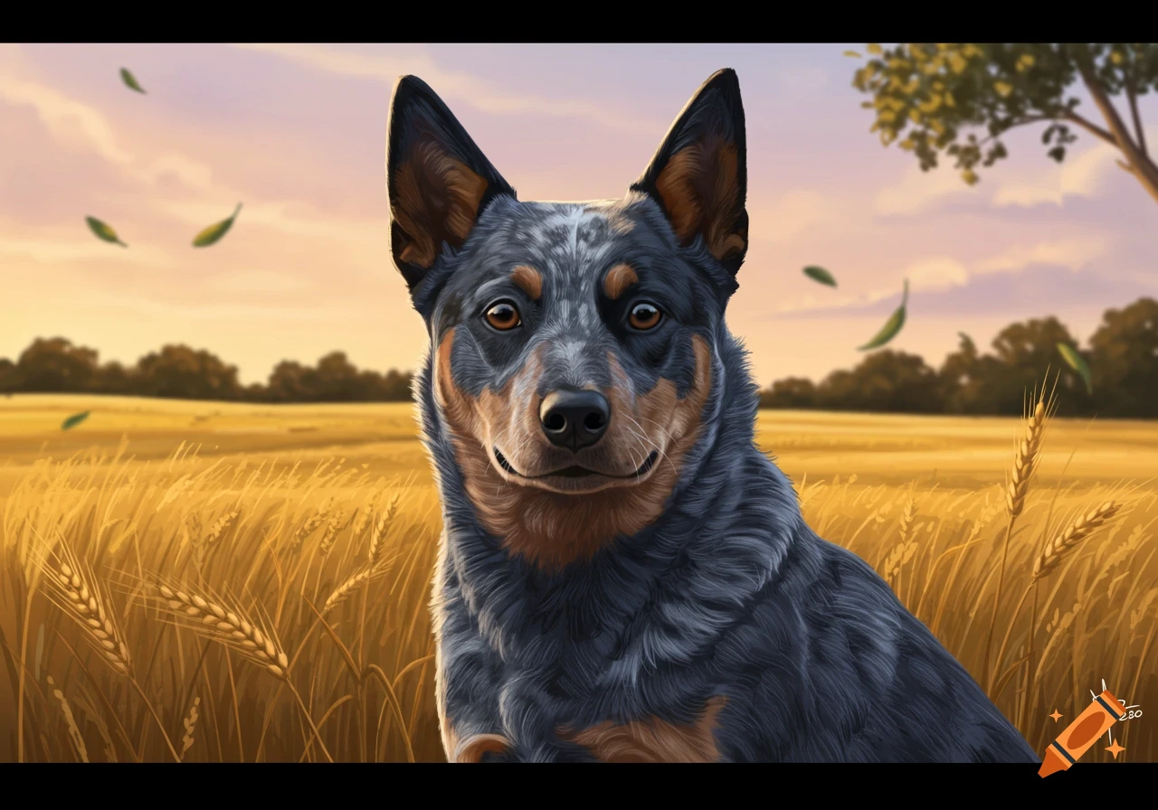 An illustration of a blue heeler dog with brown markings in a golden wheat field with falling leaves at sunset.