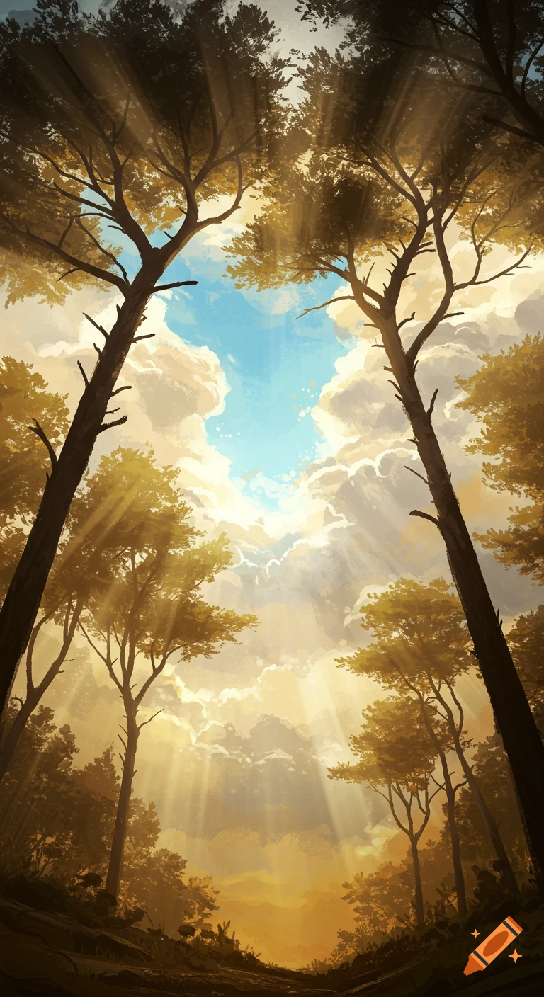 Looking up through tall golden-leaved trees at a bright blue sky with sun-drenched clouds and filtering light, painterly style.