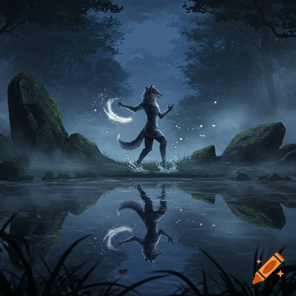 A mystical humanoid wolf creature splashes through shallow water in a moonlit forest, glowing magic around its arm.