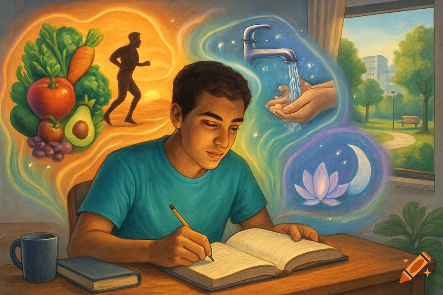 A conceptual illustration of a young man writing, surrounded by healthy food, a runner, water, a lotus flower, and a park view.