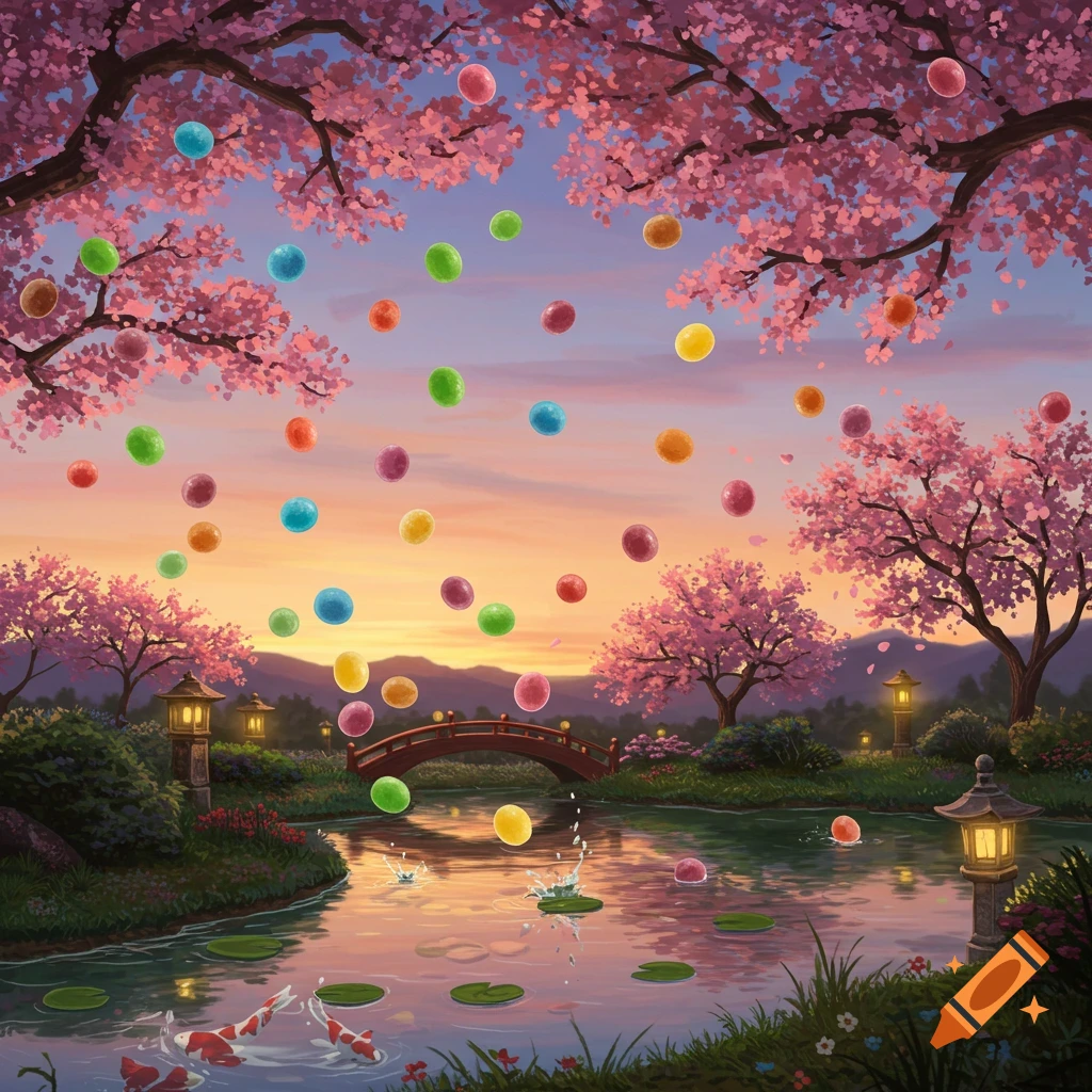 A serene Japanese garden at sunset with cherry blossoms and a red bridge, as colorful konpeito candy falls into a pond with koi fish.