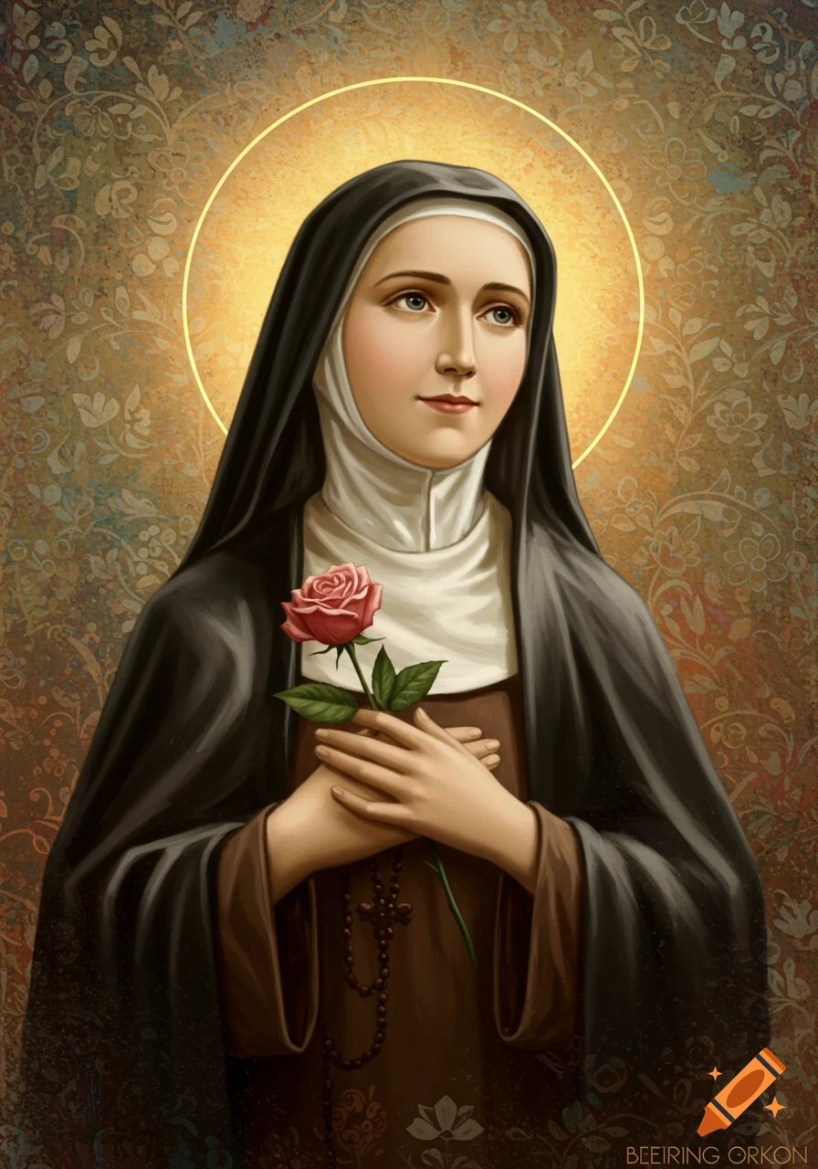 Portrait of Saint Thérèse of Lisieux in a nun's habit, holding a red rose, with a halo and patterned background.