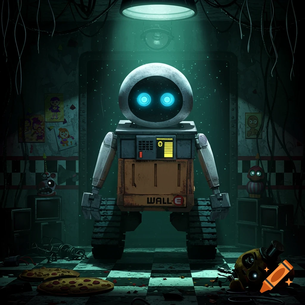 A Wall-E-like robot with glowing blue eyes stands in a dark, grimy room inspired by Five Nights at Freddy's, with pizza and broken animatronics on the checkered floor.