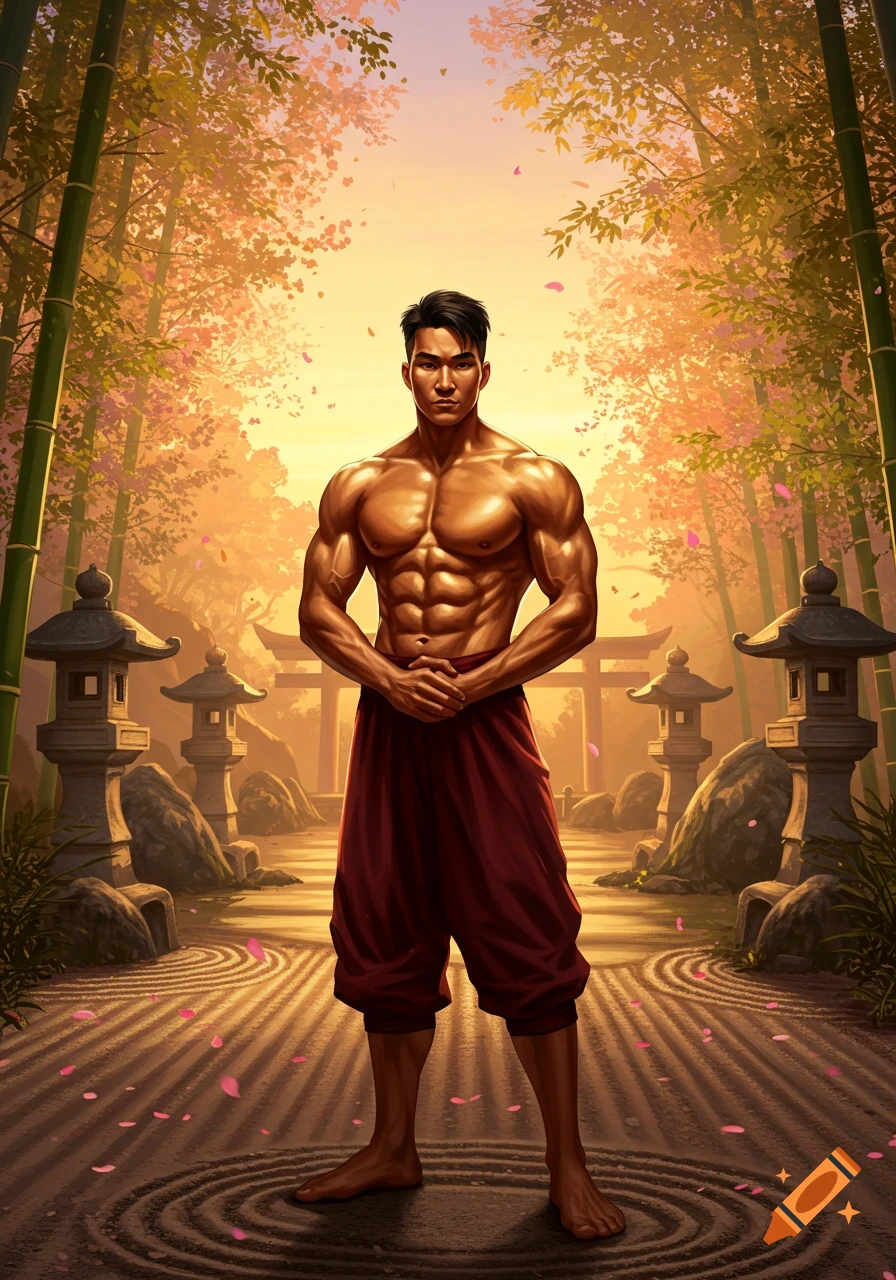 A muscular man stands shirtless in red pants within a serene Japanese garden with bamboo, stone lanterns, and a torii gate, bathed in golden light.