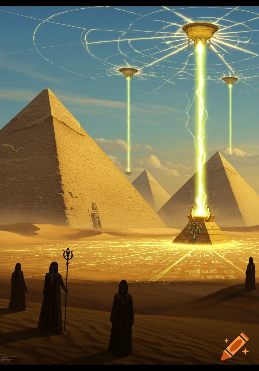 Sci-fi digital art shows three UFOs beaming bright green energy onto a structure in a desert with pyramids as cloaked figures observe.