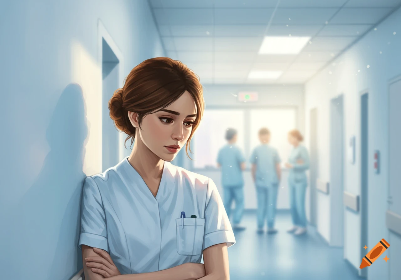 An illustrated pensive nurse leans against a wall in a bright hospital hallway.