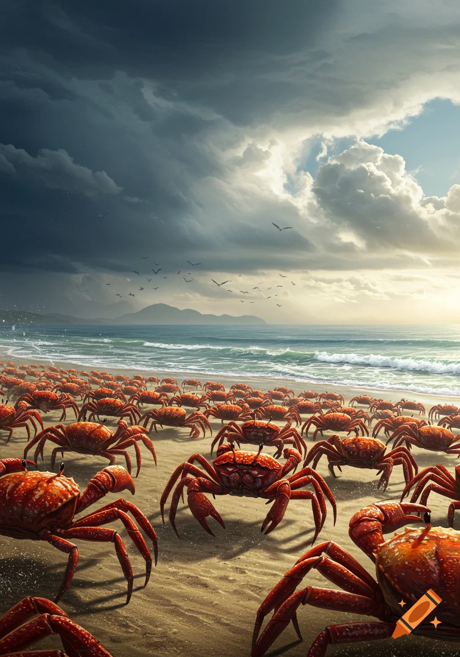 A vast army of red crabs covers a sandy beach by the ocean under a dramatic sky with storm clouds and sun. Birds fly in the distance.