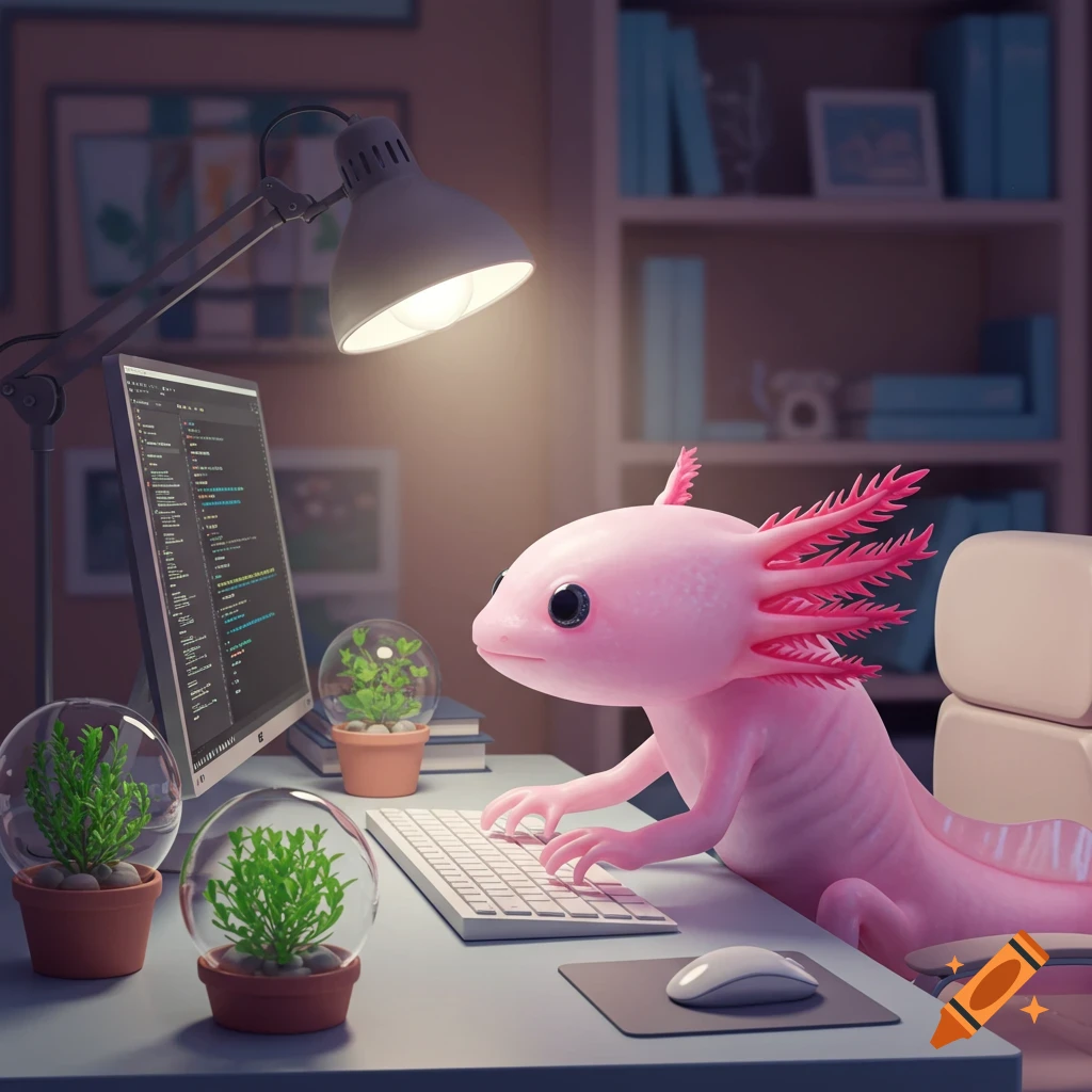 A cute pink axolotl types on a computer keyboard at a desk, illuminated by a lamp, with potted plants.