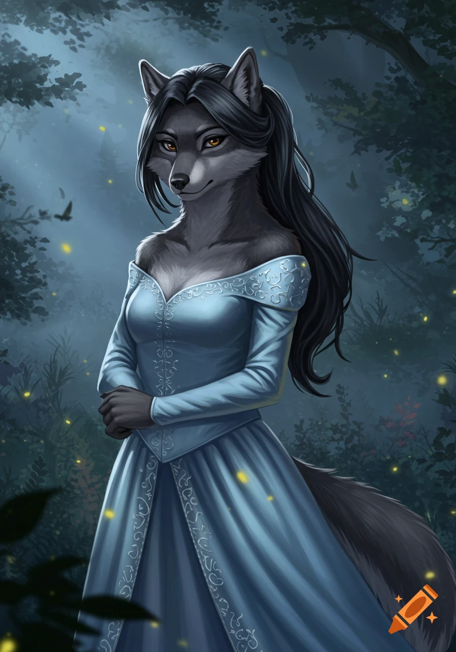 An anthropomorphic female wolf with dark hair and a ponytail, wearing a light blue princess gown in a mystical forest with fireflies, digital art.