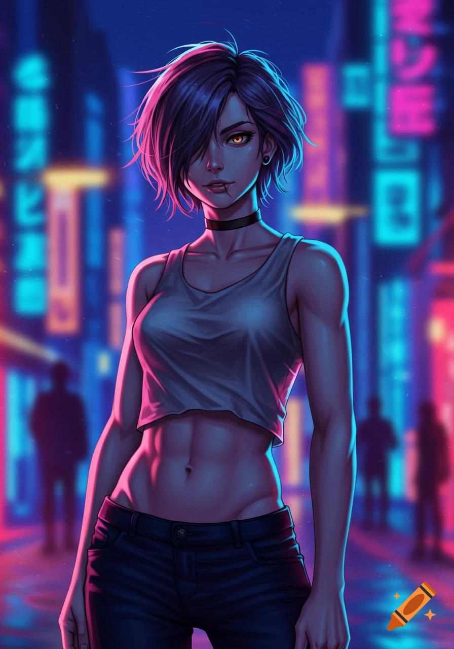 Anime woman with short dark hair, yellow eyes, abs, and a lip ring stands in a neon-lit cyberpunk city street.