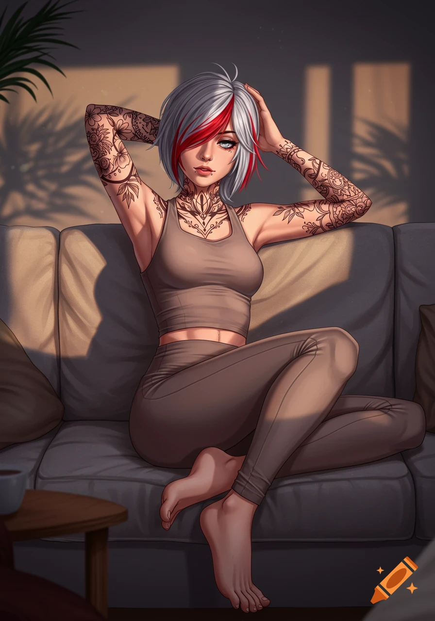 Anime-style girl with silver and red hair, tattoos, and piercings, sitting on a couch in a yoga outfit.