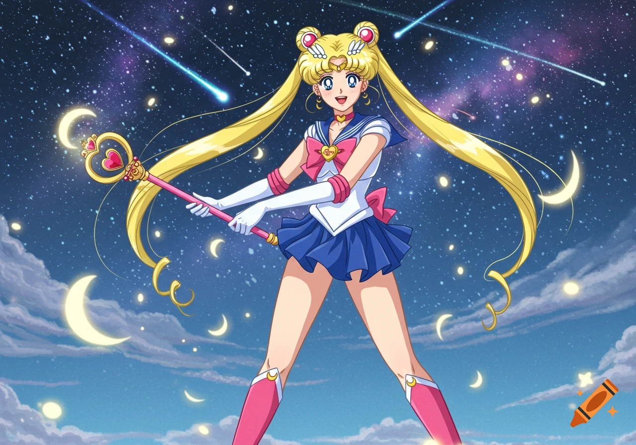 Anime style illustration of Sailor Moon standing with her staff against a starry night sky with crescent moons.