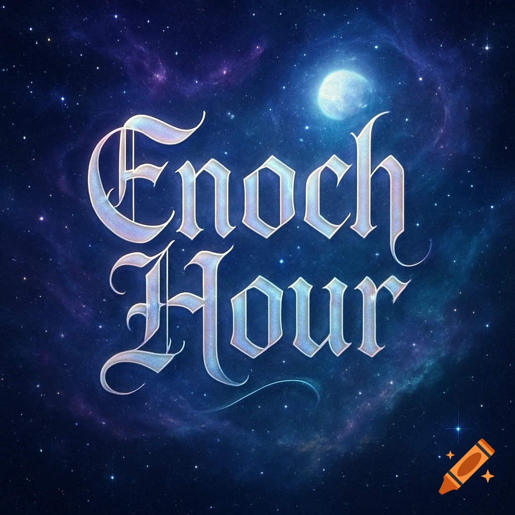Stylized 'Enoch Hour' text in a glowing gothic font against a dark blue and purple starry night sky with a moon.
