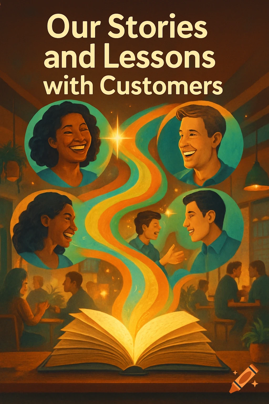 An illustrated book cover with the title "Our Stories and Lessons with Customers" above a magical open book, surrounded by circular portraits of diverse, smiling people and colorful wavy lines, set in a cafe.