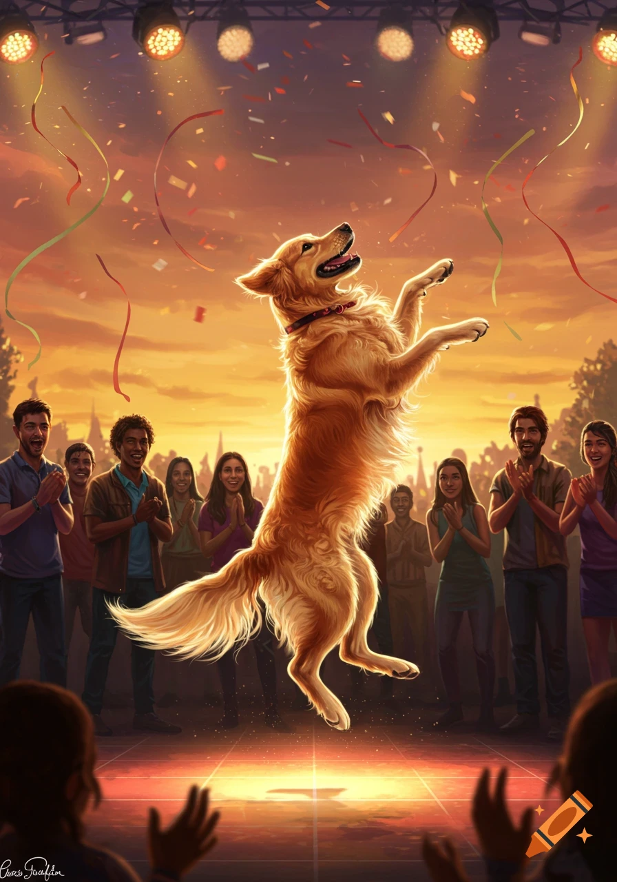 A golden retriever dog dances on a stage under spotlights, with an audience cheering and confetti falling around it.