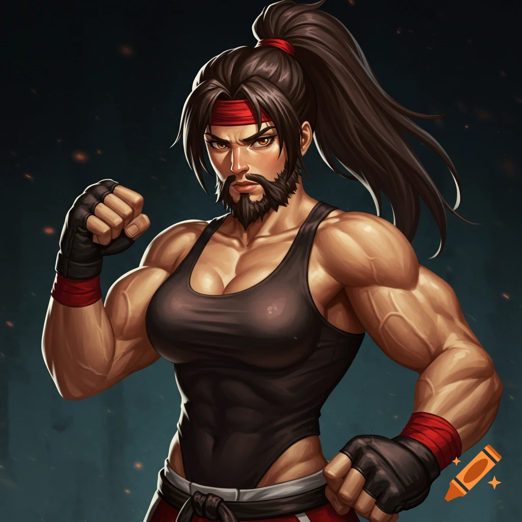 A muscular female fighter with a bushy beard, long dark ponytail, red headband, and black tank top, posing in an anime-inspired style.
