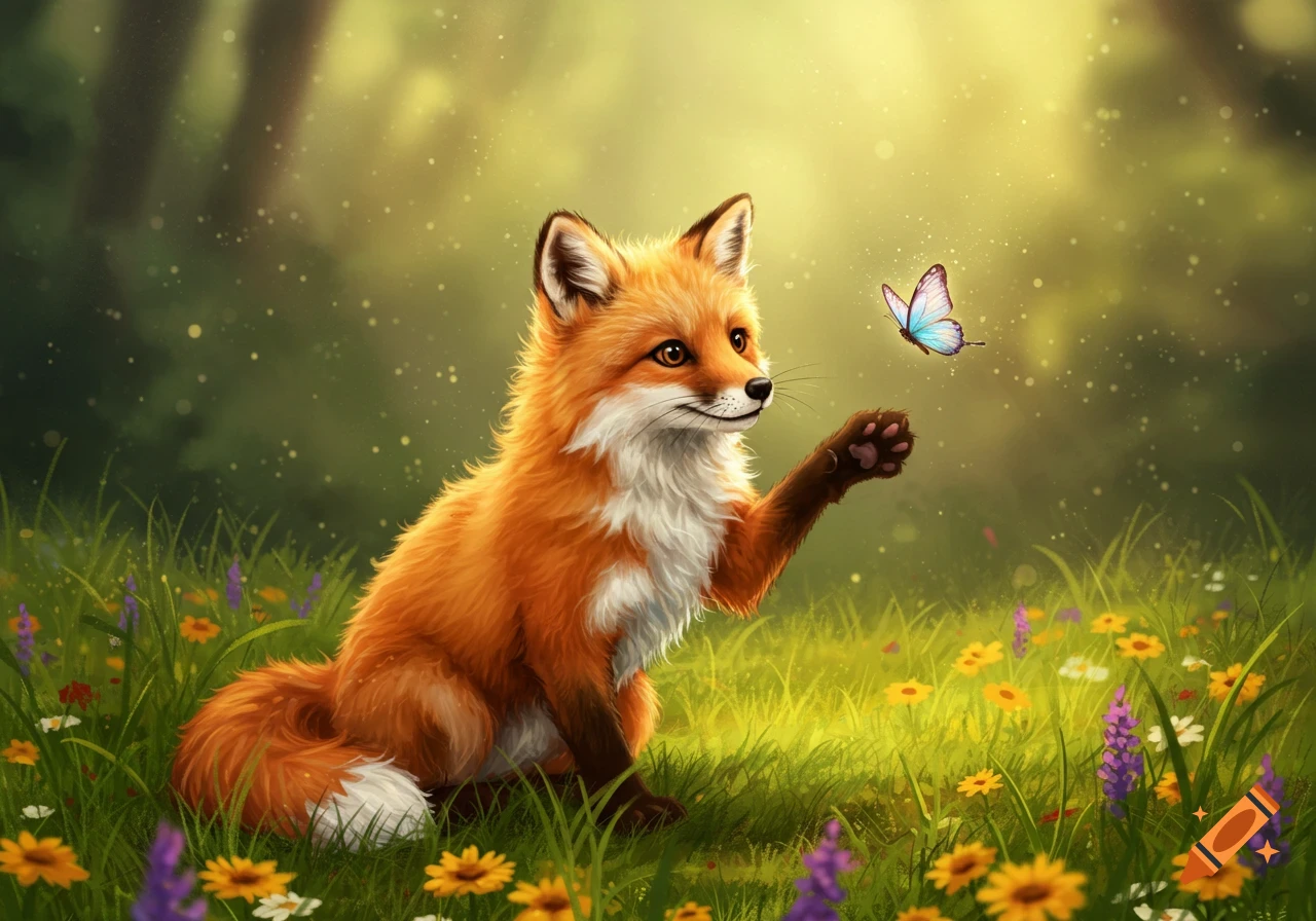 A cute, fluffy orange fox sits in a grassy meadow with wildflowers, reaching out a paw towards a blue butterfly in a sunny forest.