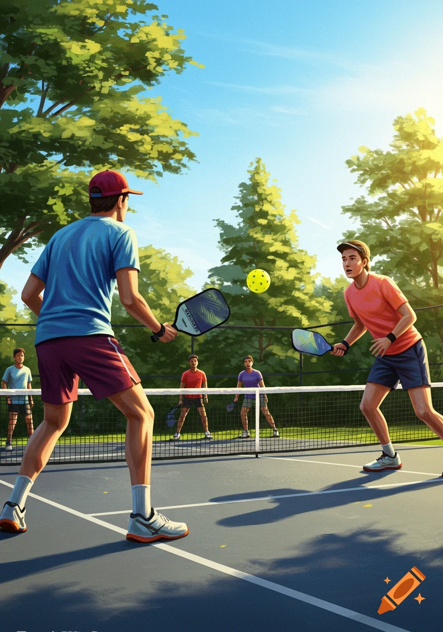 Two men play pickleball on an outdoor court under a sunny sky, with other players in the background. Illustration.
